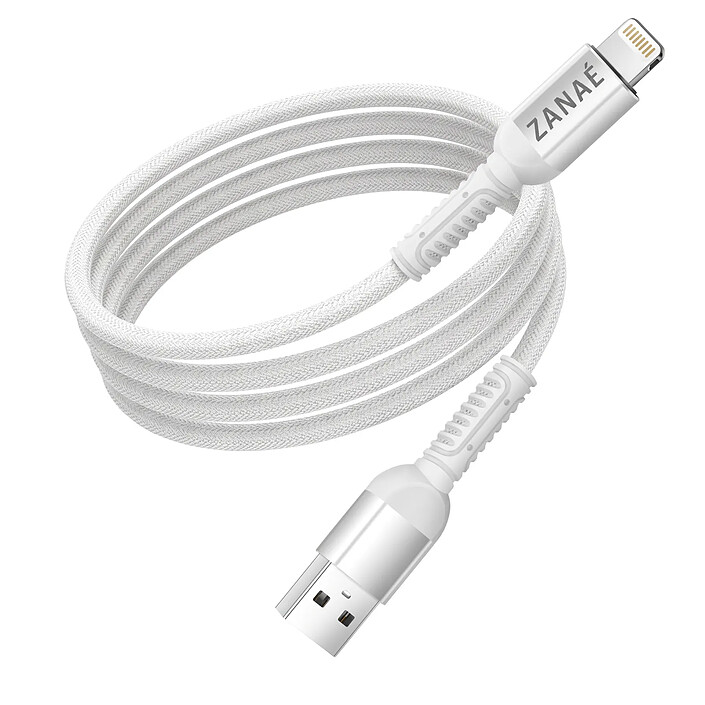 Zanaé Câble USB-A vers Lightning en Nylon Tressé Flexible Renforcé Anti-nœuds 1.2 m Blanc
