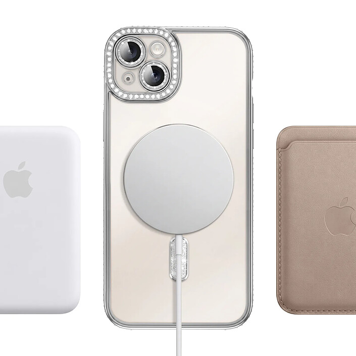 Coque pour iPhone 15 Plus Compatible MagSafe avec Contour à Strass Argent pas cher