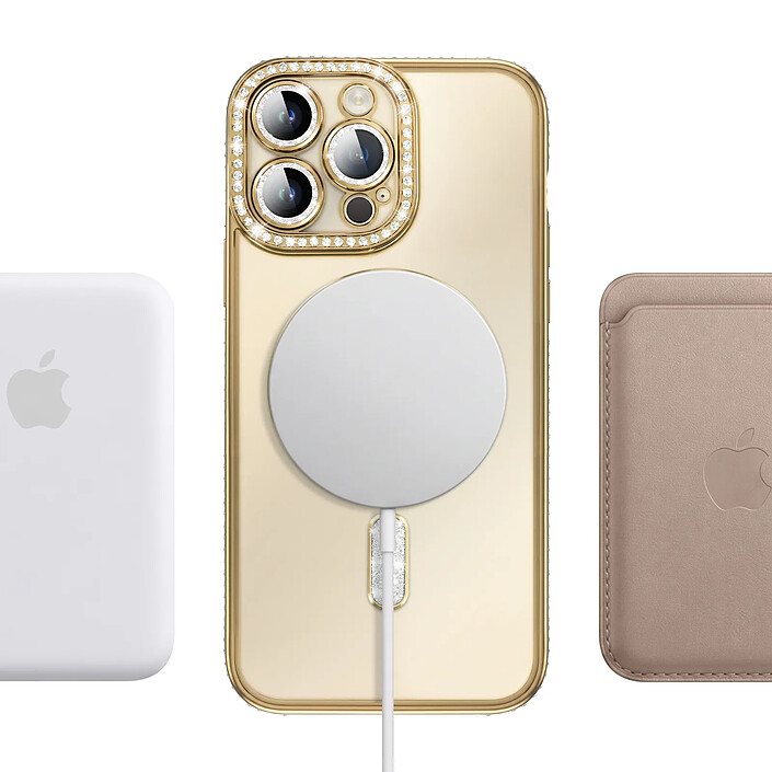 Coque pour iPhone 14 Pro Max Compatible MagSafe avec Contour à Strass Dorée pas cher