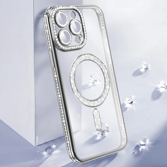 Acheter Coque pour iPhone 14 Pro Max Compatible MagSafe avec Contour à Strass Argent