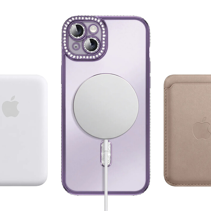 Coque pour iPhone 15 Plus Compatible MagSafe avec Contour à Strass Violet pas cher