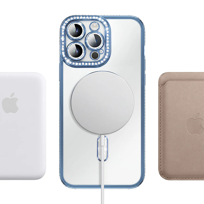 Coque pour iPhone 14 Pro Max Compatible MagSafe avec Contour à Strass Bleu pas cher