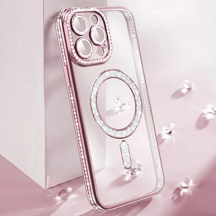Acheter Coque pour iPhone 14 Pro Max Compatible MagSafe avec Contour à Strass Rose