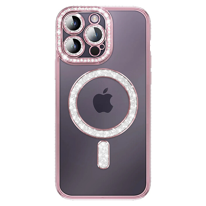 Coque pour iPhone 14 Pro Max Compatible MagSafe avec Contour à Strass Rose