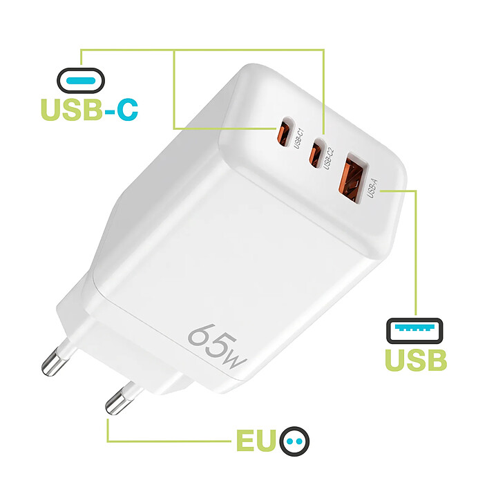 Avis Zanaé Chargeur Secteur avec 2 Ports USB-C 65W et 1 Port USB-A 30W Ultra Rapide Blanc