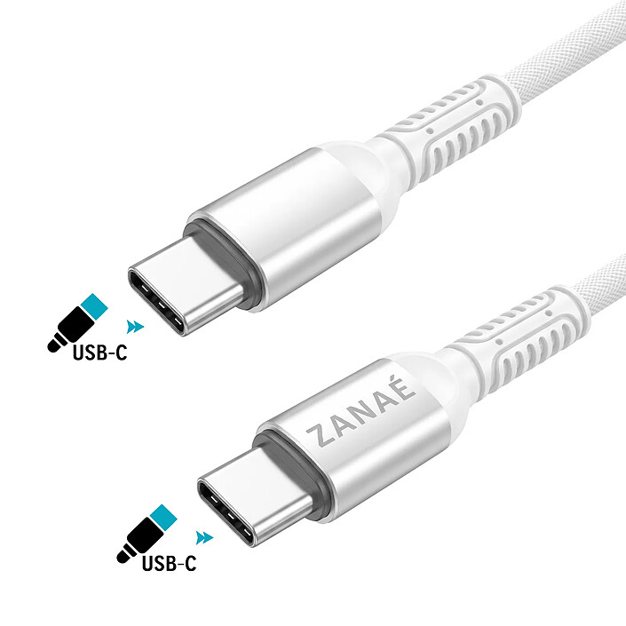 Zanaé Câble USB-C vers USB-C 60W 3A Tressé Flexible Renforcé Anti-nœuds 1.2 m Blanc pas cher