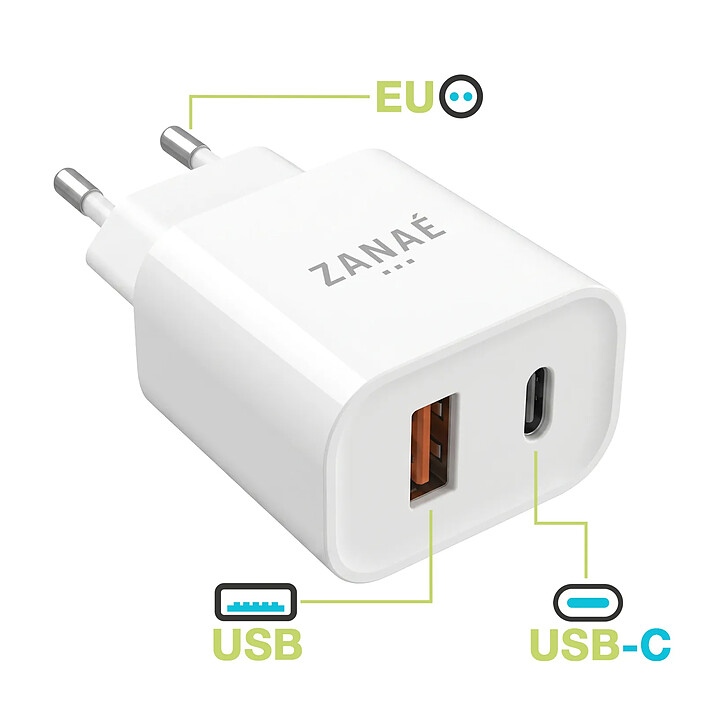 Avis Zanaé Chargeur USB-C et USB-A 20W pour Smartphone et Tablette Charge Rapide Blanc