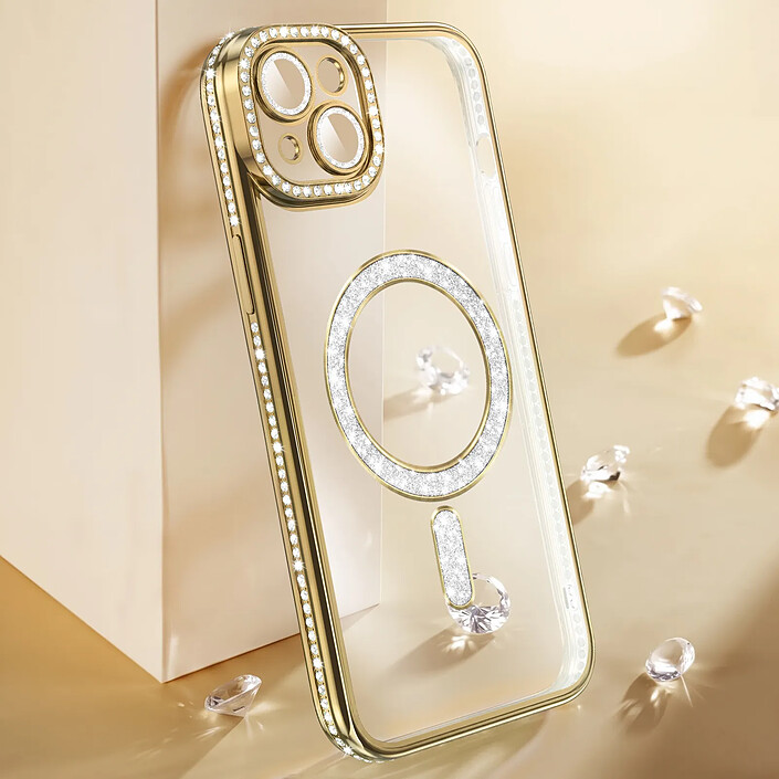 Acheter Coque pour iPhone 15 Plus Compatible MagSafe avec Contour à Strass Dorée