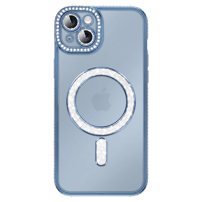 Coque pour iPhone 15 Plus Compatible MagSafe avec Contour à Strass Bleu