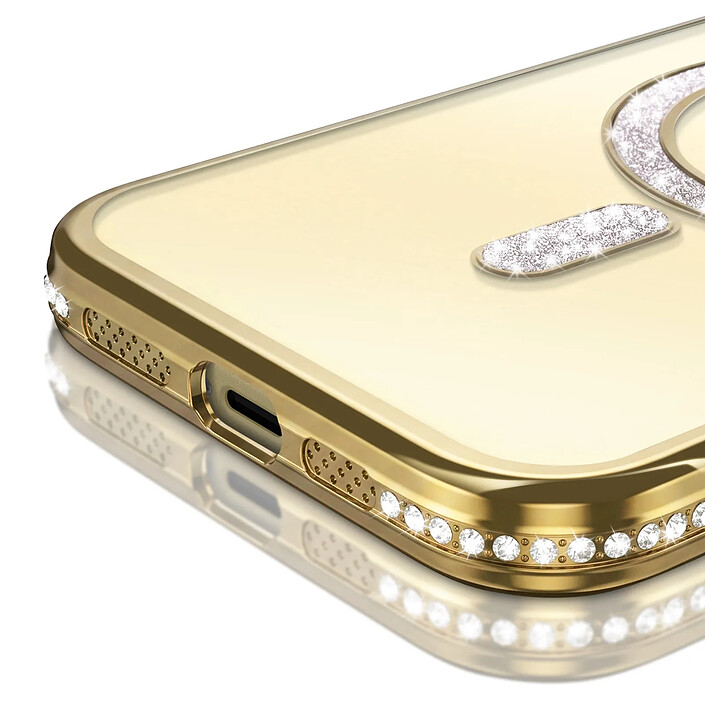 Avis Coque pour iPhone 15 Plus Compatible MagSafe avec Contour à Strass Dorée