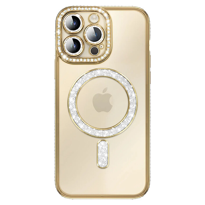 Coque pour iPhone 14 Pro Max Compatible MagSafe avec Contour à Strass Dorée