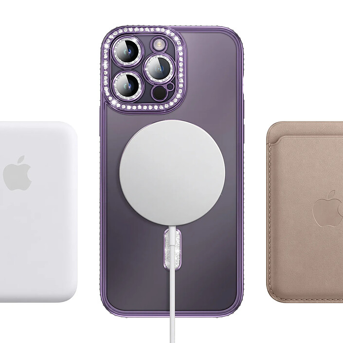 Coque pour iPhone 14 Pro Max Compatible MagSafe avec Contour à Strass Violet pas cher