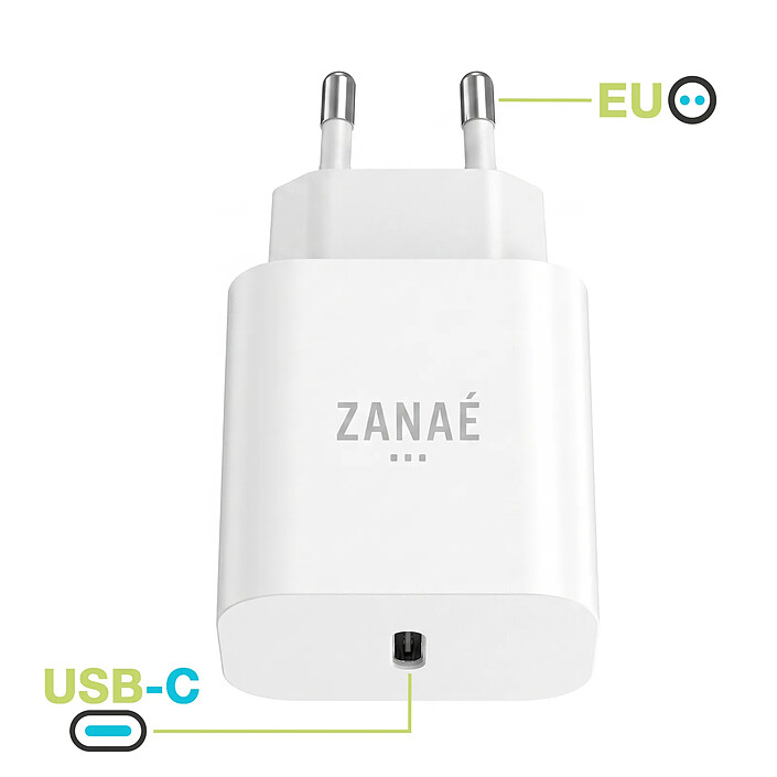 Avis Zanaé Chargeur Secteur avec Câble USB-C Anti-Torsion Power Delivery 20W Blanc