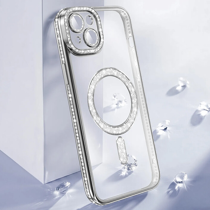 Acheter Coque pour iPhone 15 Plus Compatible MagSafe avec Contour à Strass Argent