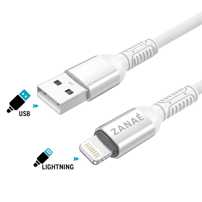Zanaé Câble USB-A vers Lightning en Nylon Tressé Flexible Renforcé Anti-nœuds 1.2 m Blanc pas cher