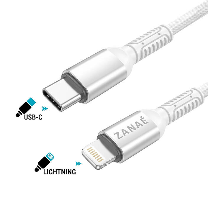 Zanaé Câble USB-C vers Lightning pour iPhone / iPad / AirPods Tressé 1.2 m Anti-nœuds Blanc pas cher