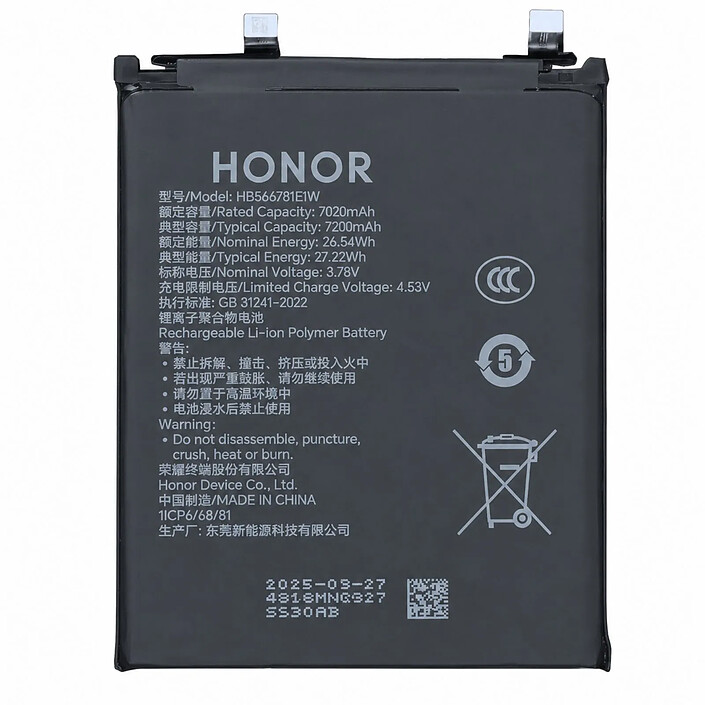 Honor Batterie Interne pour Honor Magic 8 Pro 7100mAh Service Pack Noir