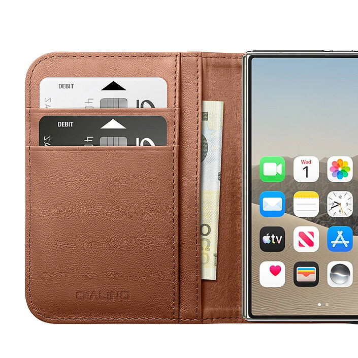 Générique Étui Portefeuille pour iPhone Duo en Cuir avec Support Dépliable Marron pas cher