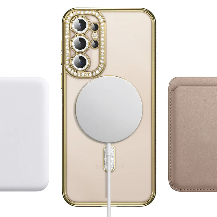 Coque Diamant pour Galaxy S26 Ultra avec Anneau Magnétique et Contour Strassé Dorée pas cher