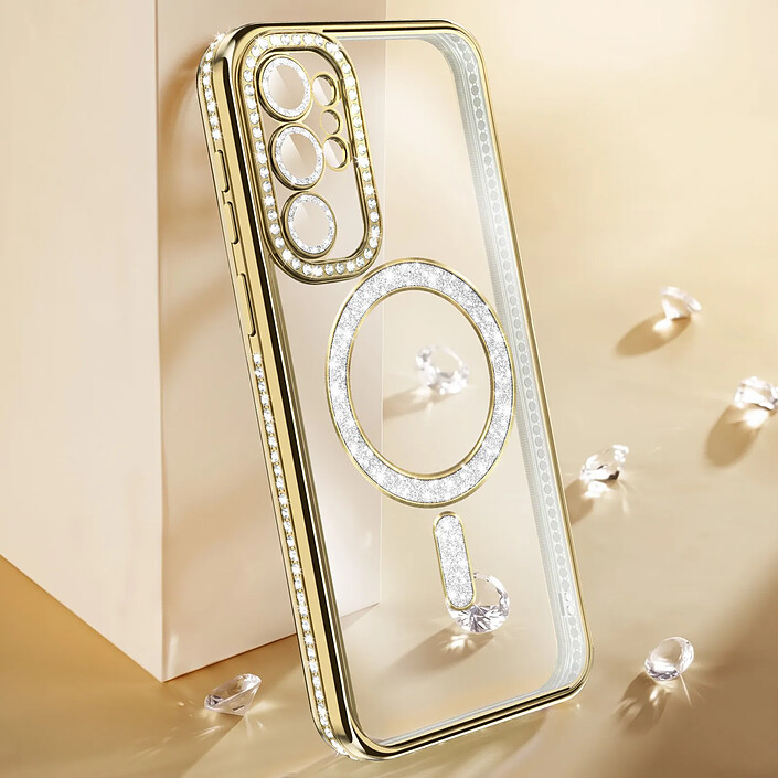 Acheter Coque Diamant pour Galaxy S26 Ultra avec Anneau Magnétique et Contour Strassé Dorée