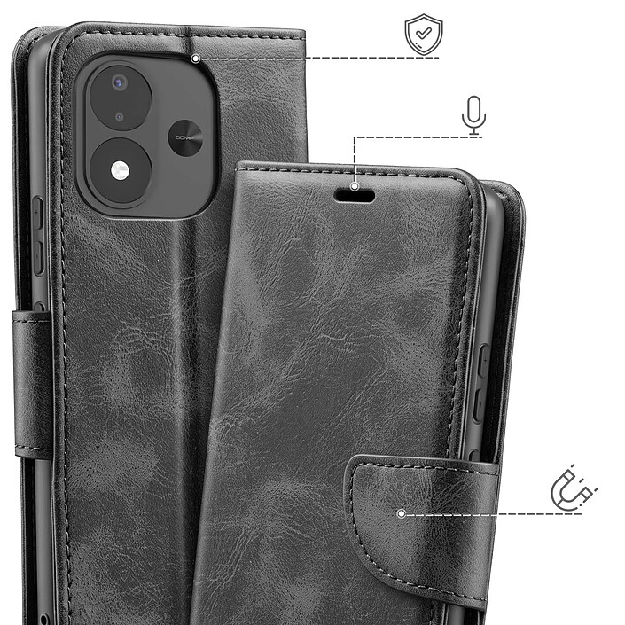 Avis Étui Portefeuille pour Redmi Note 17 Vintage avec Support Vidéo et Dragonne Noir