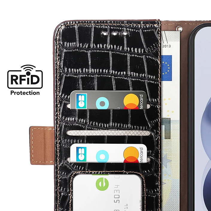 Étui Portefeuille Anti-RFID pour Xiaomi Redmi Note 17 en Cuir Croco Noir pas cher
