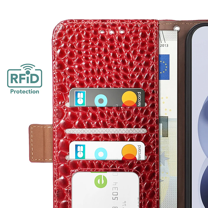 Étui Portefeuille Anti-RFID pour Xiaomi Redmi Note 17 en Cuir Croco Rouge pas cher