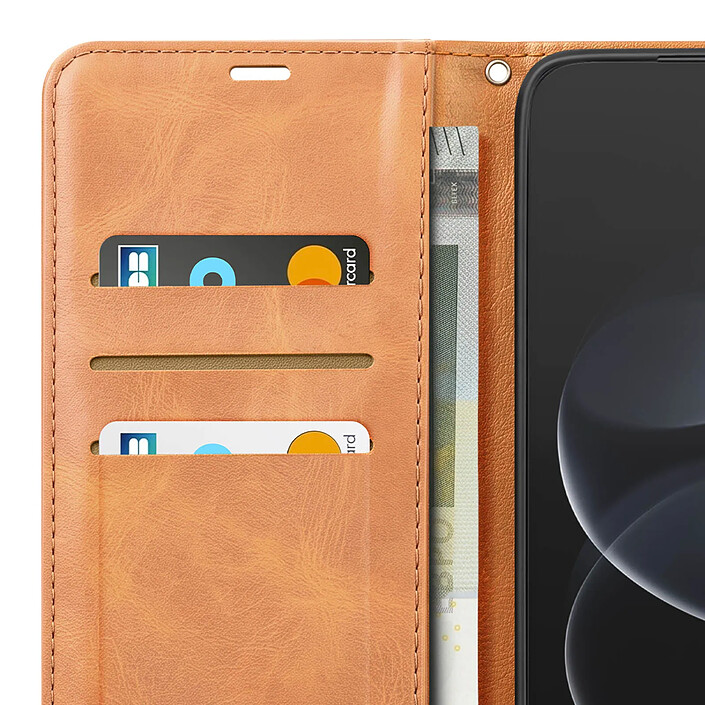 Étui Portefeuille pour Redmi Note 17 Pro Vintage avec Support Vidéo et Dragonne Camel pas cher