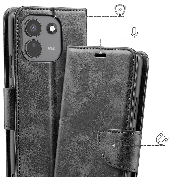 Avis Étui Portefeuille pour Redmi Note 17 Pro Max Vintage avec Support et Dragonne Noir