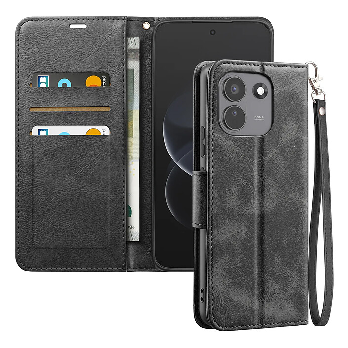 Étui Portefeuille pour Redmi Note 17 Pro Max Vintage avec Support et Dragonne Noir
