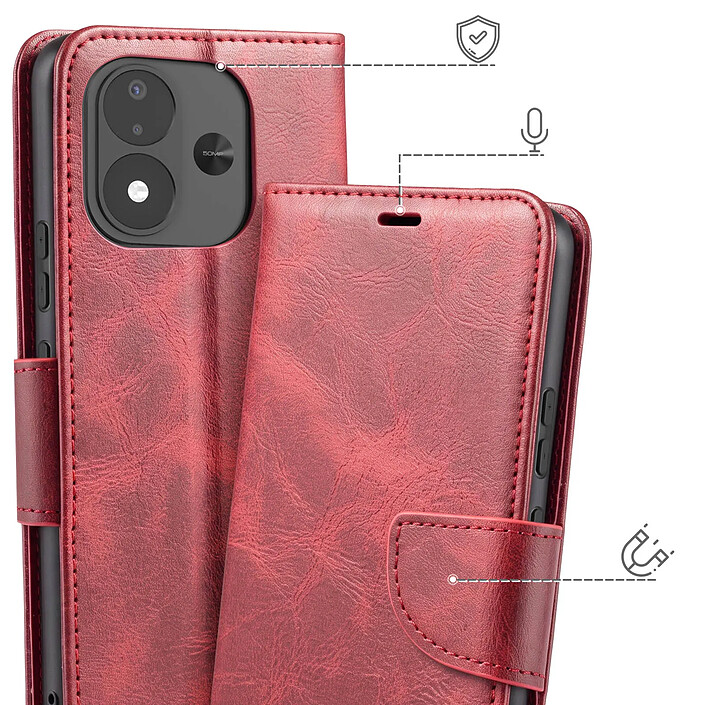 Avis Étui Portefeuille pour Redmi Note 17 Vintage avec Support Vidéo et Dragonne Bordeaux
