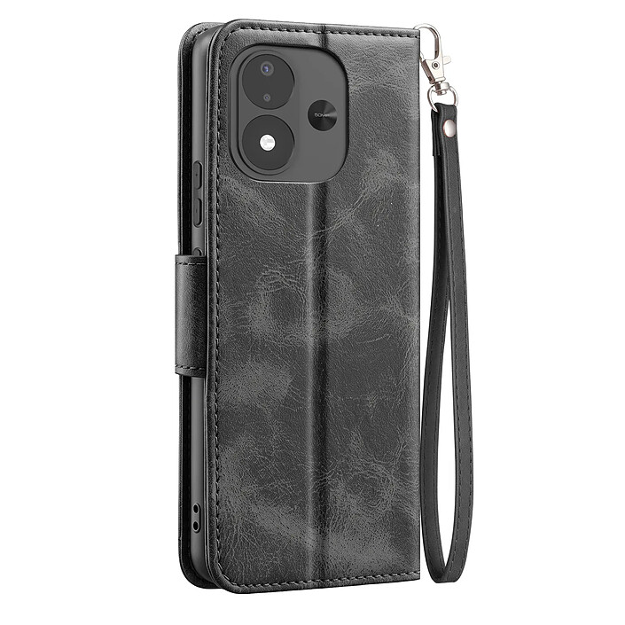 Étui Portefeuille pour Redmi Note 17 Vintage avec Support Vidéo et Dragonne Noir