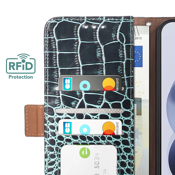 Étui Portefeuille Anti-RFID pour Xiaomi Redmi Note 17 en Cuir Croco Noir / Bleu pas cher
