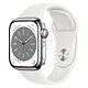 Apple Watch Series 8 GPS + Cellular Stainless Steel White Sport Band 41 mm 4G LTE Smart Watch - Stainless Steel - Waterproof - GPS - Heart Rate Monitor - OLED Always-On Retina display - Wi-Fi 4 / Bluetooth 5.0 - watchOS 9 - 41 mm sport band