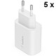 Belkin Pack of 5x 25W USB-C Mains Chargers for iPhone (20W) and Samsung (25W) - White Pack of 5x USB-C Power Delivery 3.0 PPS mains chargers (25 W)