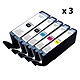 Pack de 5 cartouches C-580/581XXL 2BK/C/M/Y (x 3) Lot de 3 packs de 5 cartouches d'encre noir/cyan/magenta/jaune compatible Canon PGI-580XXL/CLI-581XXL