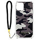 Guess Coque pour iPhone 12 et 12 Pro avec Dragonne Motif Camouflage  Gris - Un design Militaire avec un motif camouflage Gris et un Bracelet Noir