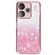 Avizar Coque Silicone pour Xiaomi Redmi 13 Motif Fleurs Pailletées et Strass Rose Champagne Une feuille amovible avec un dégradé de couleur subtil, combiné aux paillettes scintillantes et aux strass décoratifs, conférant à votre téléphone un look élégant et glam