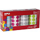 APLI Pack 4 rouleaux de 1770 Gommettes Rondes Ø 20 mm bleu clair/fuchsia/gris/vert clair Pastille ou gommette