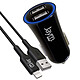 Jaym Pack Chargeur Allume-cigare 2 USB-A 12W avec Câble USB-A vers Lightning MFi 1m Noir Ce pack de recharge inclut un adaptateur allume-cigare double USB-A de 12W et un câble Lightning de 1 mètre