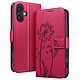 Zanaé Étui Portefeuille pour iPhone 16 Premium Design Fleurs Papillon Rouge - Étui au motif pissenlit gravé avec papillon en relief pour une protection esthétique et originale de votre smartphone