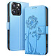 Zanaé Étui Portefeuille pour iPhone 16 Pro Max Premium Design Fleurs Papillon Bleu clair - Étui au motif pissenlit gravé avec papillon en relief pour une protection esthétique et originale de votre smartphone