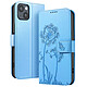 Zanaé Étui Portefeuille pour iPhone 13 / 14 Premium Design Fleurs Papillon Bleu clair Étui au motif pissenlit gravé avec papillon en relief pour une protection esthétique et originale de votre smartphone
