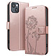 Zanaé Étui Portefeuille pour iPhone 13 / 14 Premium Design Fleurs Papillon Rose champagne - Étui au motif pissenlit gravé avec papillon en relief pour une protection esthétique et originale de votre smartphone