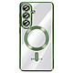 Avizar Coque pour Galaxy S26 MagSafe Souple Antichocs avec Contour Chromé Vert - Cette coque pour Samsung Galaxy S26 présente un dos transparent en silicone avec contour chromé