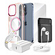 Mayaxess Pack Complet pour  iPhone 15 Pro Coque, Verre, Chargeur, Batterie externe, écouteurs (6 pièces) Rose - Ce coffret d'accessoires regroupe tous les essentiels pour protéger, recharger et utiliser votre iPhone 15 Pro au quotidien