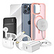 Mayaxess Pack Elite pour iPhone 15 Pro Max Coque, Verre, Chargeur, Batterie Externe, Magsafe, Écouteurs Bluetooth (7 pièces) Rose - Ce coffret d'accessoires regroupe tous les essentiels pour protéger, recharger et utiliser votre iPhone 15 Pro Max dans les meilleures conditions