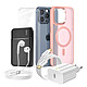 Mayaxess Pack Complet pour  iPhone 15 Pro Max Coque, Verre, Chargeur, Batterie externe, écouteurs (6 pièces) Rose - Ce coffret d'accessoires regroupe tous les essentiels pour protéger, recharger et utiliser votre iPhone 15 Pro Max au quotidien