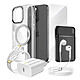 Mayaxess Pack Complet pour  iPhone 15 Pro Coque, Verre, Chargeur, Batterie externe, écouteurs (6 pièces) Argent - Ce coffret d'accessoires regroupe tous les essentiels pour protéger, recharger et utiliser votre iPhone 15 Pro au quotidien