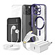 Mayaxess Pack Complet pour  iPhone 16 Pro Max Coque, Verre, Chargeur, Batterie externe, écouteurs (6 pièces) Violet - Ce coffret d'accessoires regroupe tous les essentiels pour protéger, recharger et utiliser votre iPhone 16 Pro Max au quotidien
